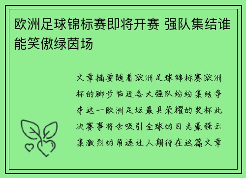 欧洲足球锦标赛即将开赛 强队集结谁能笑傲绿茵场