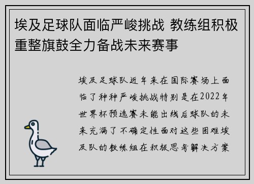埃及足球队面临严峻挑战 教练组积极重整旗鼓全力备战未来赛事