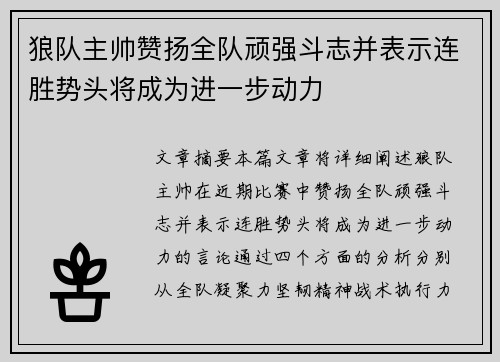 狼队主帅赞扬全队顽强斗志并表示连胜势头将成为进一步动力