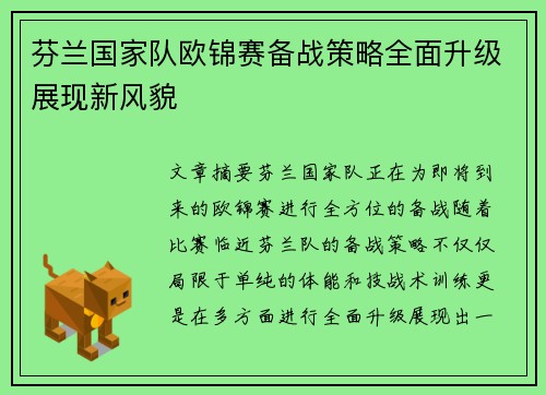 芬兰国家队欧锦赛备战策略全面升级展现新风貌