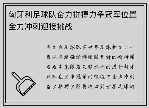 匈牙利足球队奋力拼搏力争冠军位置全力冲刺迎接挑战