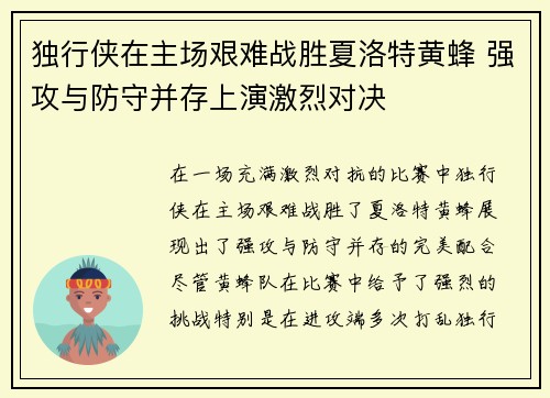 独行侠在主场艰难战胜夏洛特黄蜂 强攻与防守并存上演激烈对决