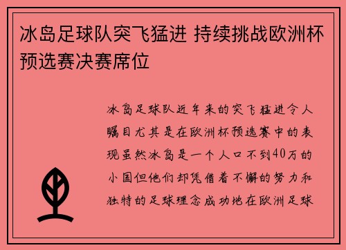冰岛足球队突飞猛进 持续挑战欧洲杯预选赛决赛席位