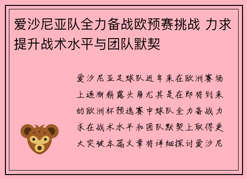 爱沙尼亚队全力备战欧预赛挑战 力求提升战术水平与团队默契