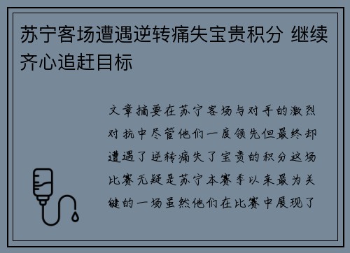 苏宁客场遭遇逆转痛失宝贵积分 继续齐心追赶目标