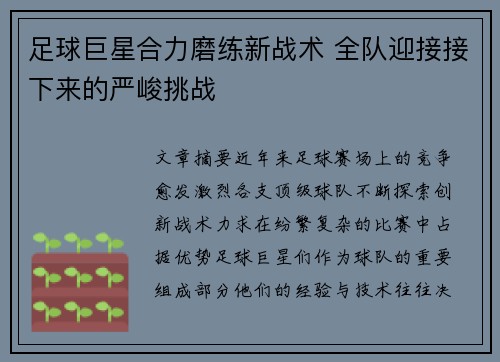 足球巨星合力磨练新战术 全队迎接接下来的严峻挑战