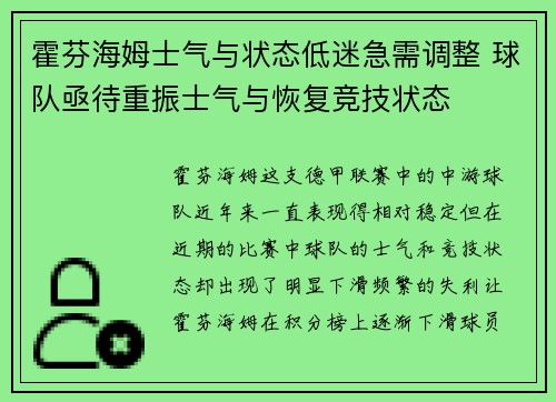霍芬海姆士气与状态低迷急需调整 球队亟待重振士气与恢复竞技状态