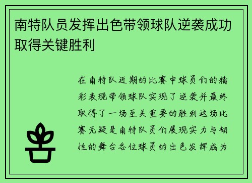 南特队员发挥出色带领球队逆袭成功取得关键胜利